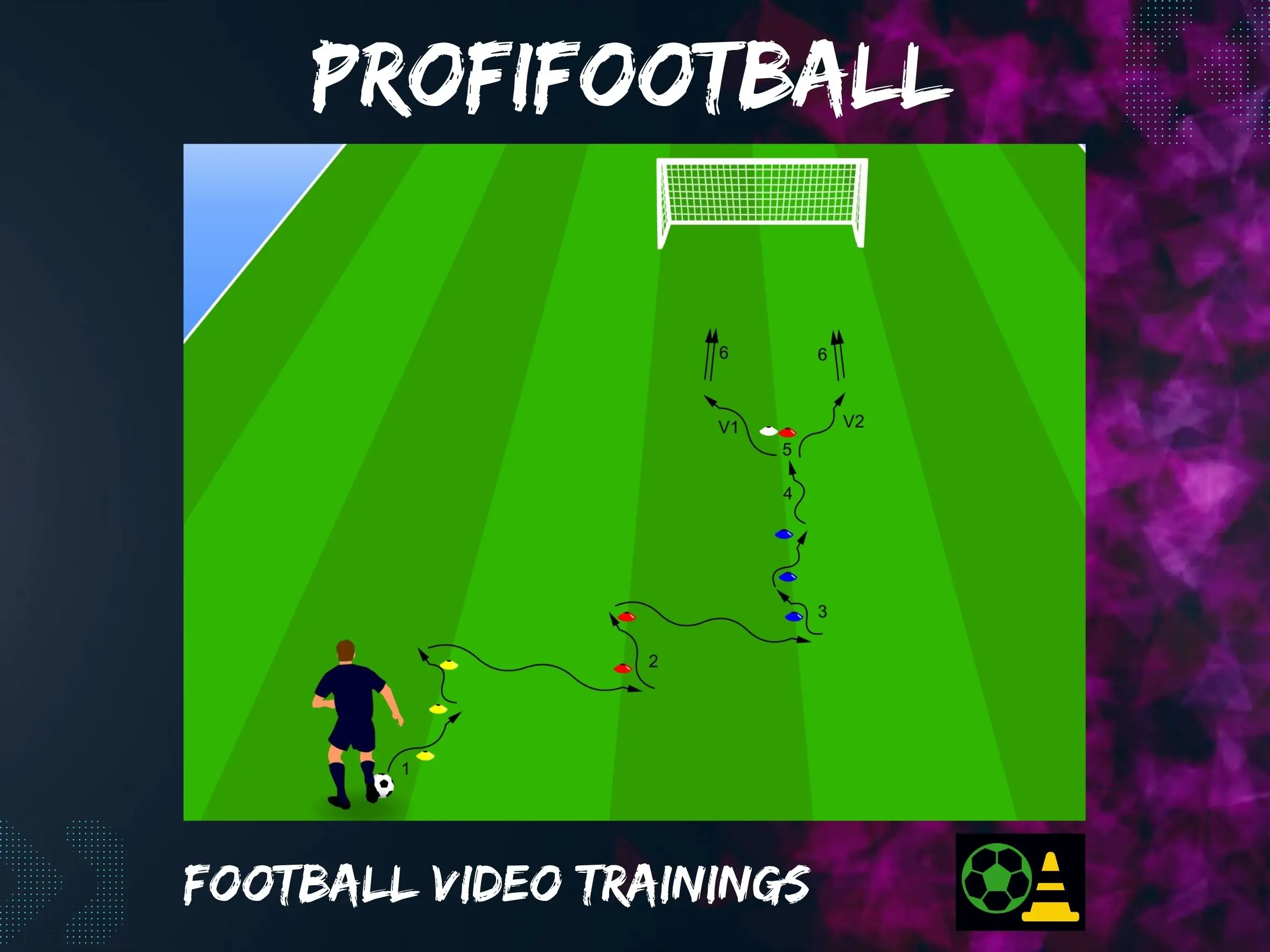 Vedenie lopty cez slalom pred obchádzaním prekážky a zakončením